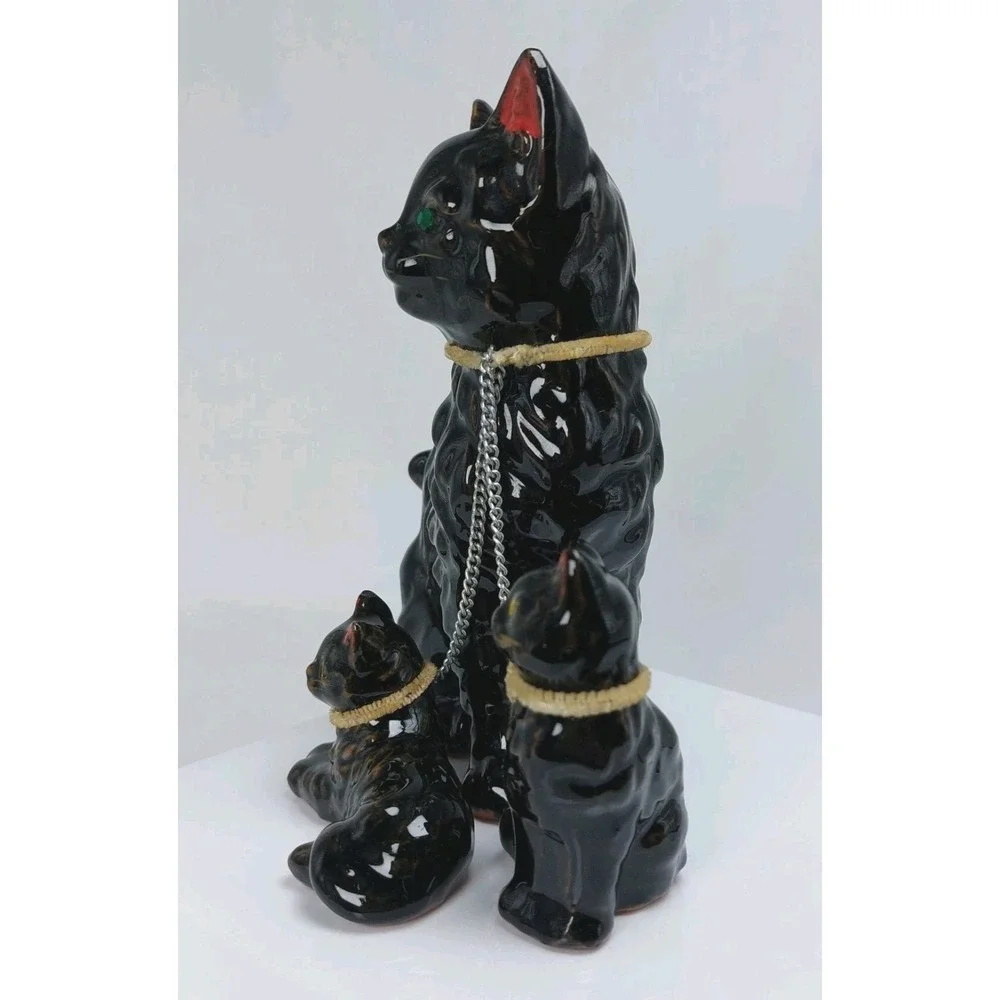 VTG 1950s Redware Black Cat Family Mama &‎ 2 Kittens Figures Green Eyes Japan